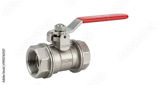 Stainless steel ball valve with red lever handle isolated on transparent background