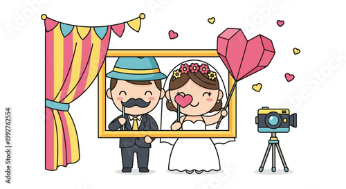 Cartoon Wedding Couple Pose Portrait Frame.