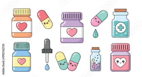 Colorful medicine bottles and pills arranged together.