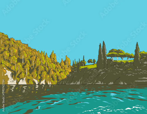 WPA style ukiyo-e or ukiyo illustration of Tremezzo on the western shore of Lake Como in Lombardy, Italy done in retro works project administration style.