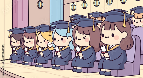 Group of cute graduates in caps and gowns.