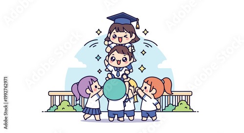 group of graduates celebrating graduation with cap and gown.