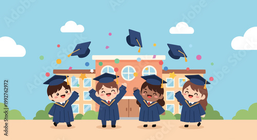 Group of graduates celebrating graduation day with caps and gowns.