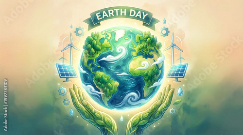 Hands protecting Earth with greenery and renewable energy symbols  