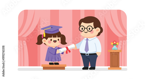 Young girl graduate receiving diploma on stage.