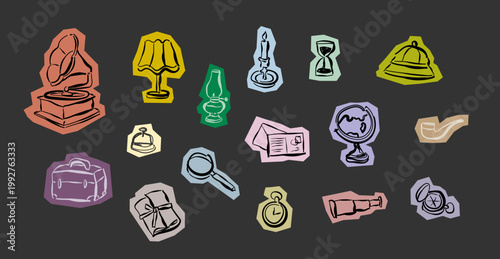 Hand drawn Vintage detective elements set, Cut out of antique objects, Whimsical sketch art vintage equipment and tools 