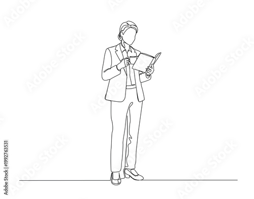 One Line Drawing of Bussy Businesswoman Standing and Reading Document. Businesswoman illustration.