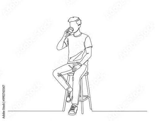 One Line Drawing of Young Man Sitting in the Stool and Enjoying a Cup of Coffee. Coffee Break Concept illustration.