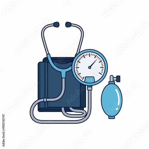 A manual blood pressure monitor with a stethoscope and inflatable cuff in a flat vector style