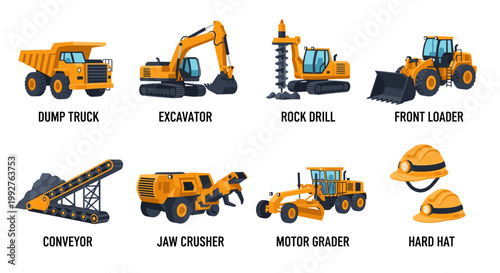 A collection of heavy construction equipment in vibrant yellow and black, including a dump truck, excavator, rock drill, front loader, conveyor, jaw crusher, motor grader, and