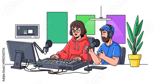 Two people podcasting in a studio.