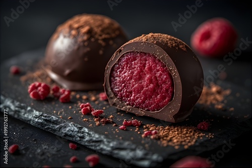 closeup of dark chocolate raspberry truffles