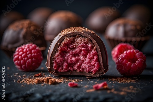closeup of dark chocolate raspberry truffles