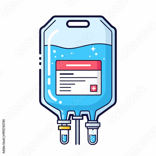 IV bag with blue liquid and medical label illustration in flat design style isolated on white