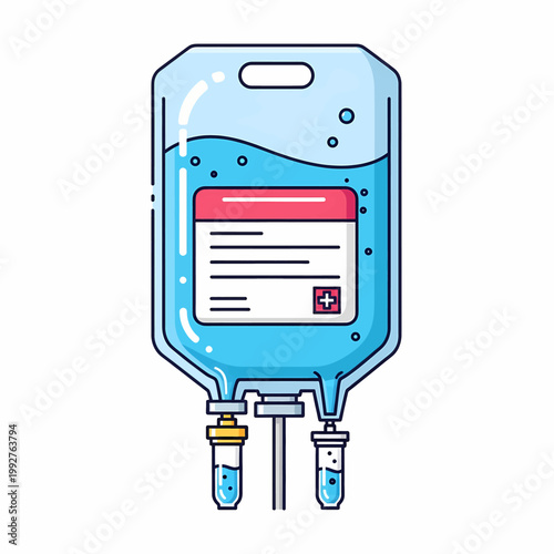 IV bag with blue liquid and medical label illustration in flat design style isolated on white