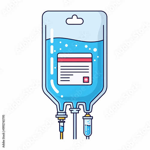 IV bag with blue liquid and medical label illustration in flat design style isolated on white