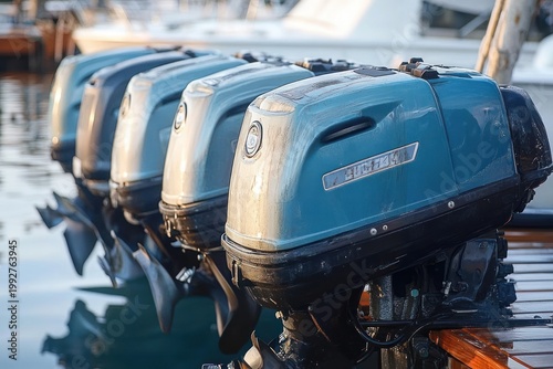 Row of weathered blue outboard boat engines mounted on sterns at a calm marina, close-up with propellers reflecting in water, quiet ready-for-sea mood