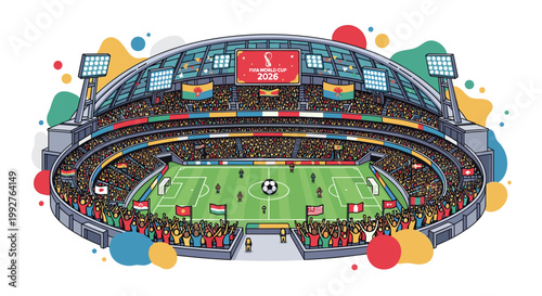 Vibrant stadium scene capturing the excitement of a soccer match, featuring a detailed illustration with cheering fans, flags, a soccer ball on the field, and a modern