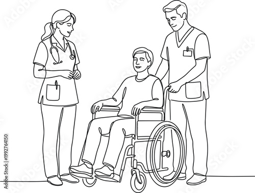 Healthcare professionals caring for disabled patient in wheelchair line art illustration medical support rehabilitation assistance scene