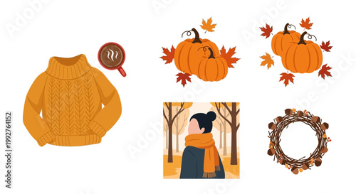 Flat design vector illustration of cozy autumn sweater and harvest wreath elements for warm lifestyle seasonal marketing design