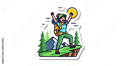 Flat design vector illustration of happy hiker celebrating success in nature with bright sunlight on a mountain landscape for lifestyle adventure