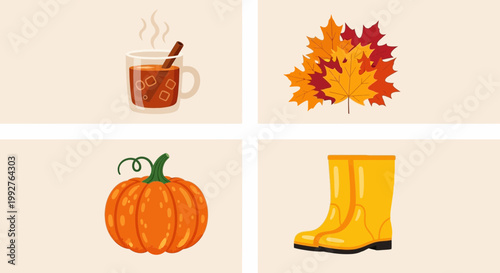 Autumn harvest season features warm drink, colorful leaves, pumpkin, and boots for cozy lifestyle marketing on transparent background