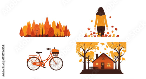 Autumn season lifestyle illustration featuring falling leaves and a bicycle near a cozy house under warm sunlight