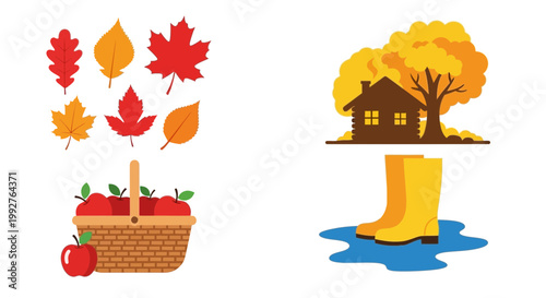 Flat design vector illustration of autumn harvest season featuring colorful leaves and cozy home elements for lifestyle marketing design