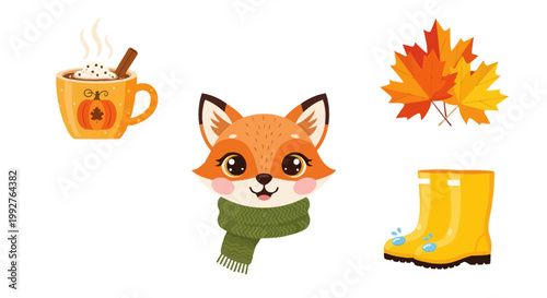 Flat design vector illustration of autumn harvest theme featuring warm drink, cute fox, colorful leaves, and yellow boots for cozy lifestyle marketing