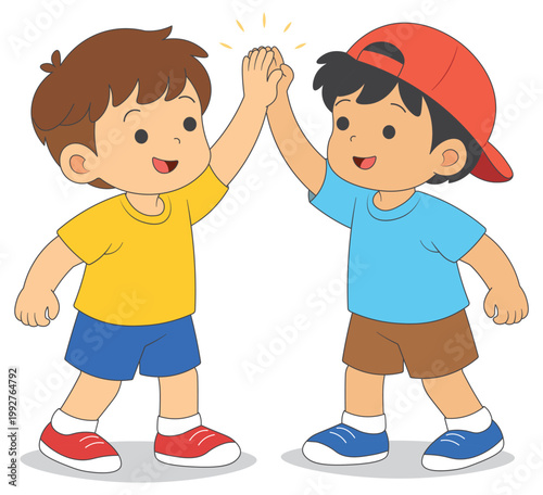 Kids giving high five, teamwork and friendship success concept