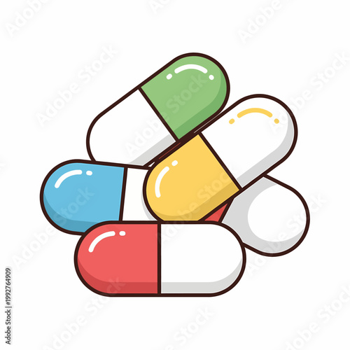 Colorful pile of medical capsules and antibiotic pills in flat vector illustration style