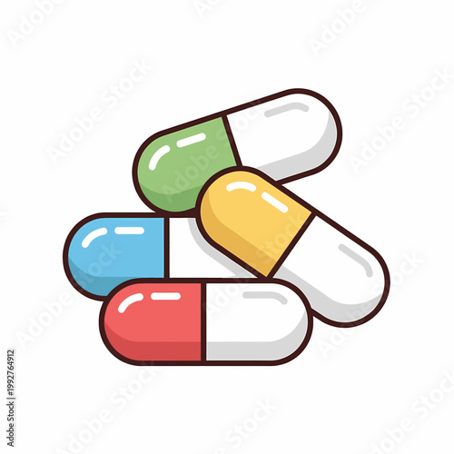 Colorful pile of medical capsules and antibiotic pills in flat vector illustration style