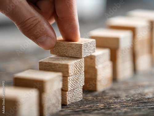 a closeup of a hand placing a wooden block and careful planning