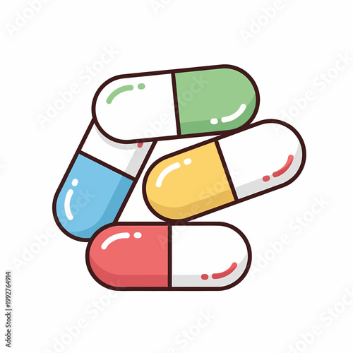 Colorful pile of medical capsules and antibiotic pills in flat vector illustration style
