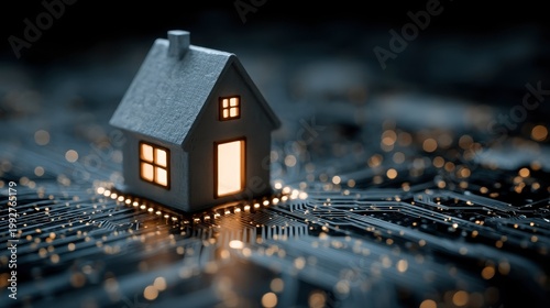 a miniature house model placed digital infrastructure supporting modern electronics
