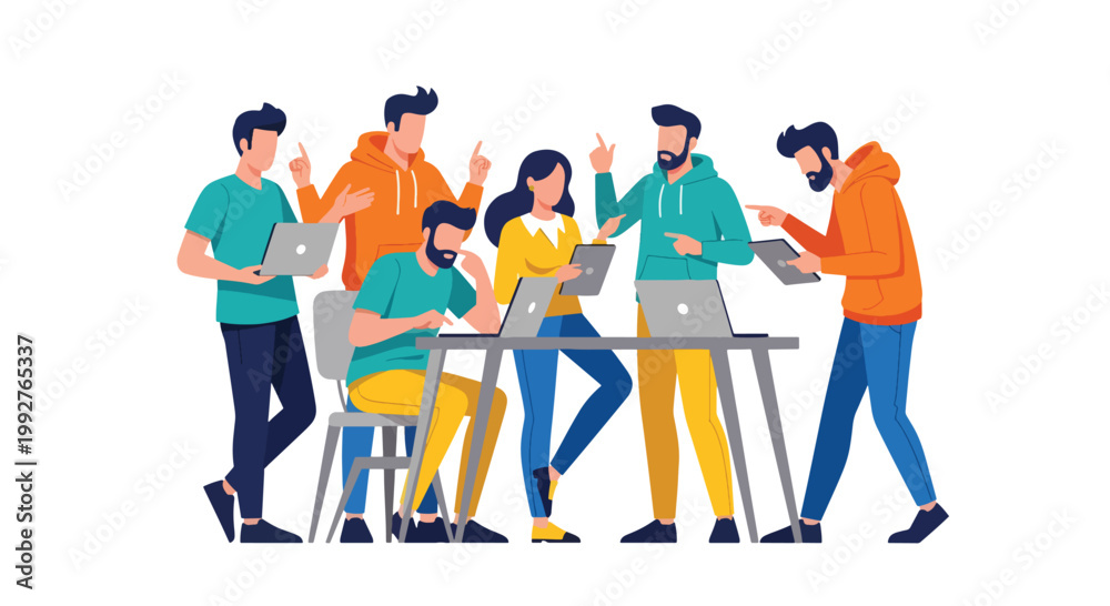 Obraz premium Group of young people collaborating using laptops and tablets in a modern office