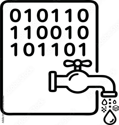 Professional vector line art illustration of a binary code document with a water tap dripping data, representing data leaks, information security breaches, cybersecurity vulnerabilities, privacy loss