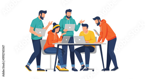 Group of young professionals collaborating with laptops and smartphones in office