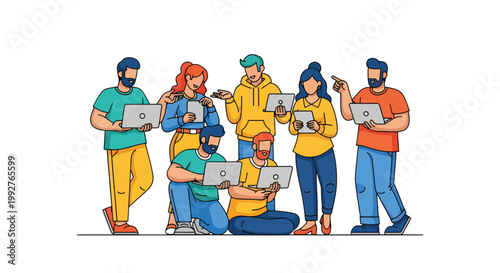 Group of diverse young people using laptops and smartphones for social media and communication