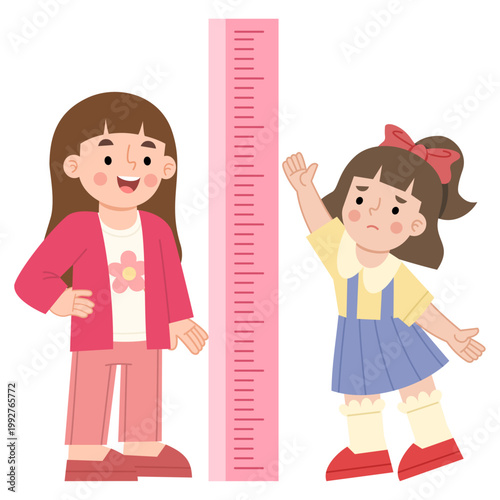 Girls Measuring Height With Ruler Cartoon Illustration