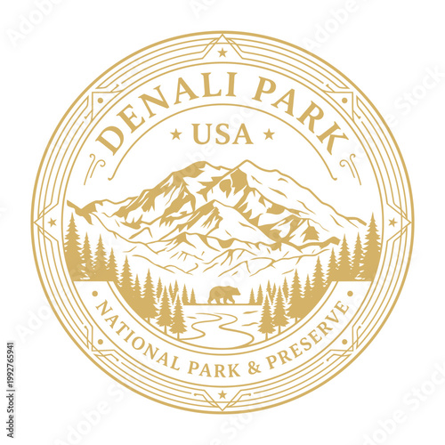 Vintage Denali National Park gold seal with mountain and bear isolated on white vector