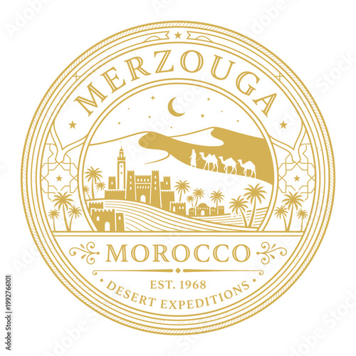 Vintage Merzouga Morocco desert expedition gold emblem with camels vector illustration