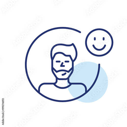 Young man user avatar and smile. Add member to friends and follow. Pixel perfect, editable stroke vector icon