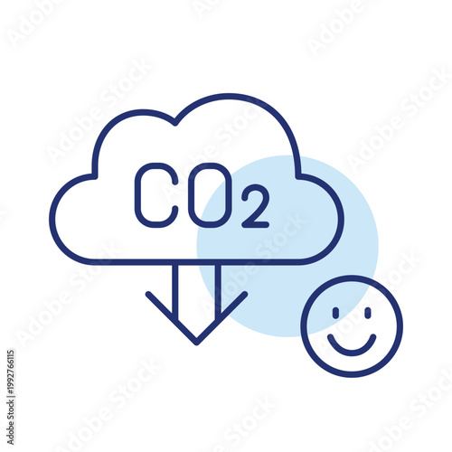 Cloud with CO2 and arrow down and smiley face. Eco-friendly living, carbon emission reduction. Pixel perfect, editable stroke vector icon