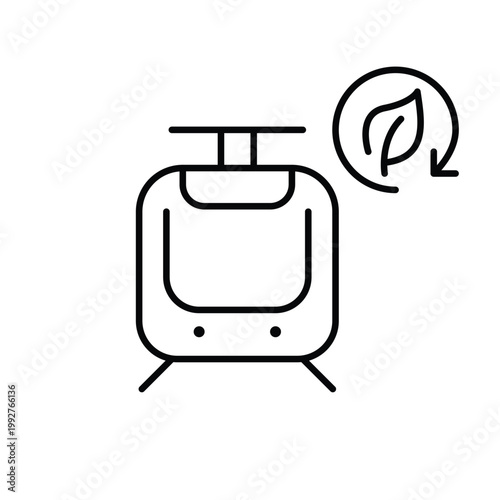 Tram on rails, leaf and renew arrow. Sustainable urban transportation. Pixel perfect, editable stroke vector icon