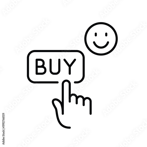 Finger clicking on buy button and smiley face. Marketplace customer satisfaction and positive feedback. Pixel perfect, editable stroke vector icon