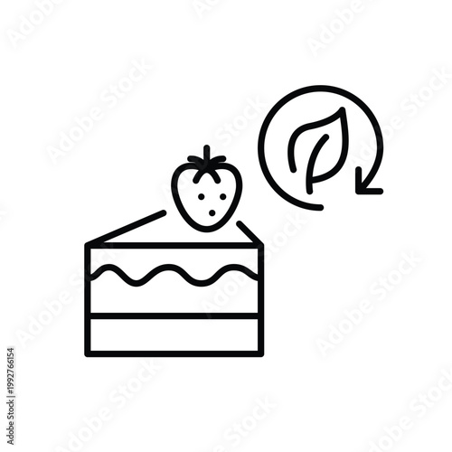 Strawberry cheesecake, leaf and renew arrow. Sustainable food and delivery. Pixel perfect, editable stroke vector icon
