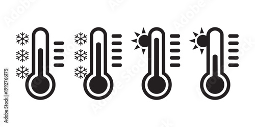 Hot and cold temperature climate thermometer icons, weather forecast, season change and temperature control symbols.