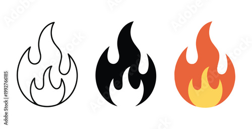 Fire flame vector icon, hot temperature and burning symbols, outline and solid black, and colorful designs.