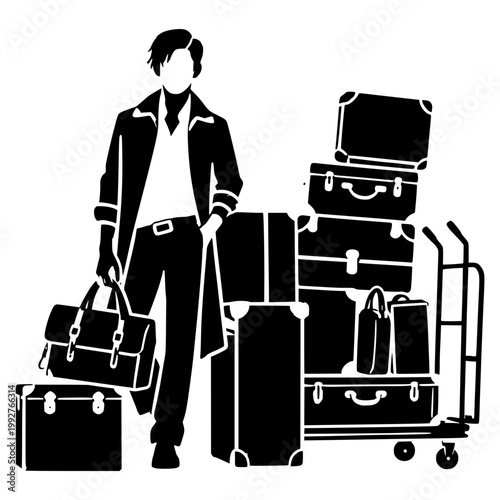 Stylish traveler man standing with pile of vintage suitcases and bags on luggage cart, overpacking travel concept bold black silhouette illustration isolated on background